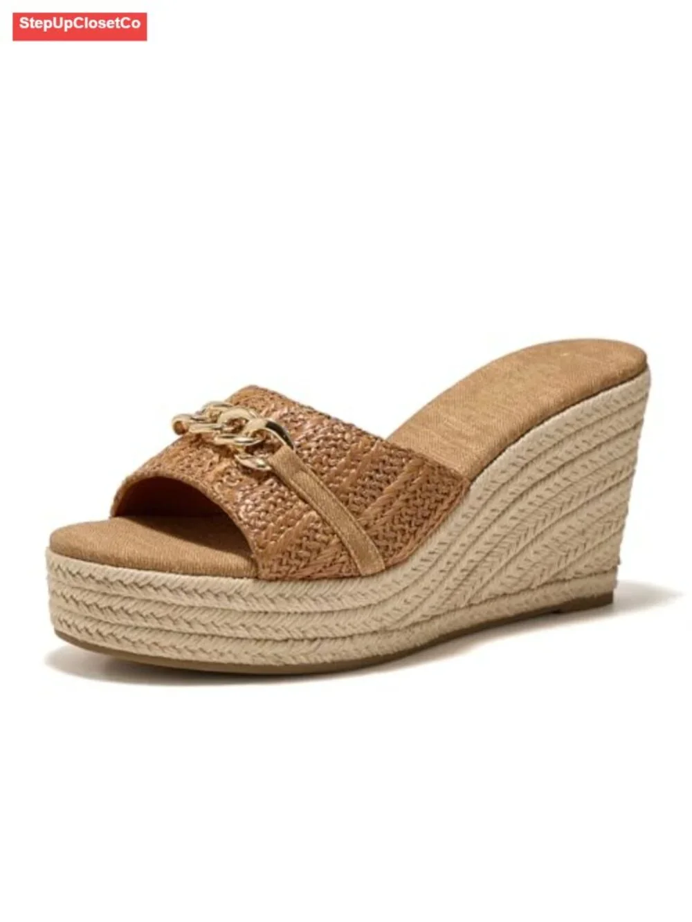 Raffia Chain Detail Wedge Sandals Open Toe Slip On Platform